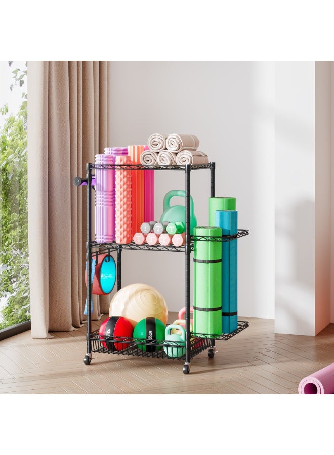 Solerconm Sports Equipment Storage Rack – 3 Tiers with 4 Lockable Casters and Hooks, Metal Organizer for Weights, Jump Ropes and Fitness Accessories, Rolling Design, Sturdy Structure - Image 5